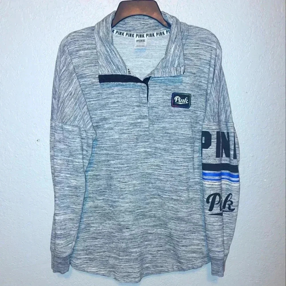 Victoria's Secret Pink Varsity Quarter Snap Pullover Gray Size Small
